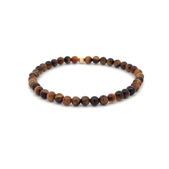 Gemstones Tiger's Eye Mini 4mm Stretchable Bracelet 14k Gold Bead Charm Corrugat - Picture 3 of 5
